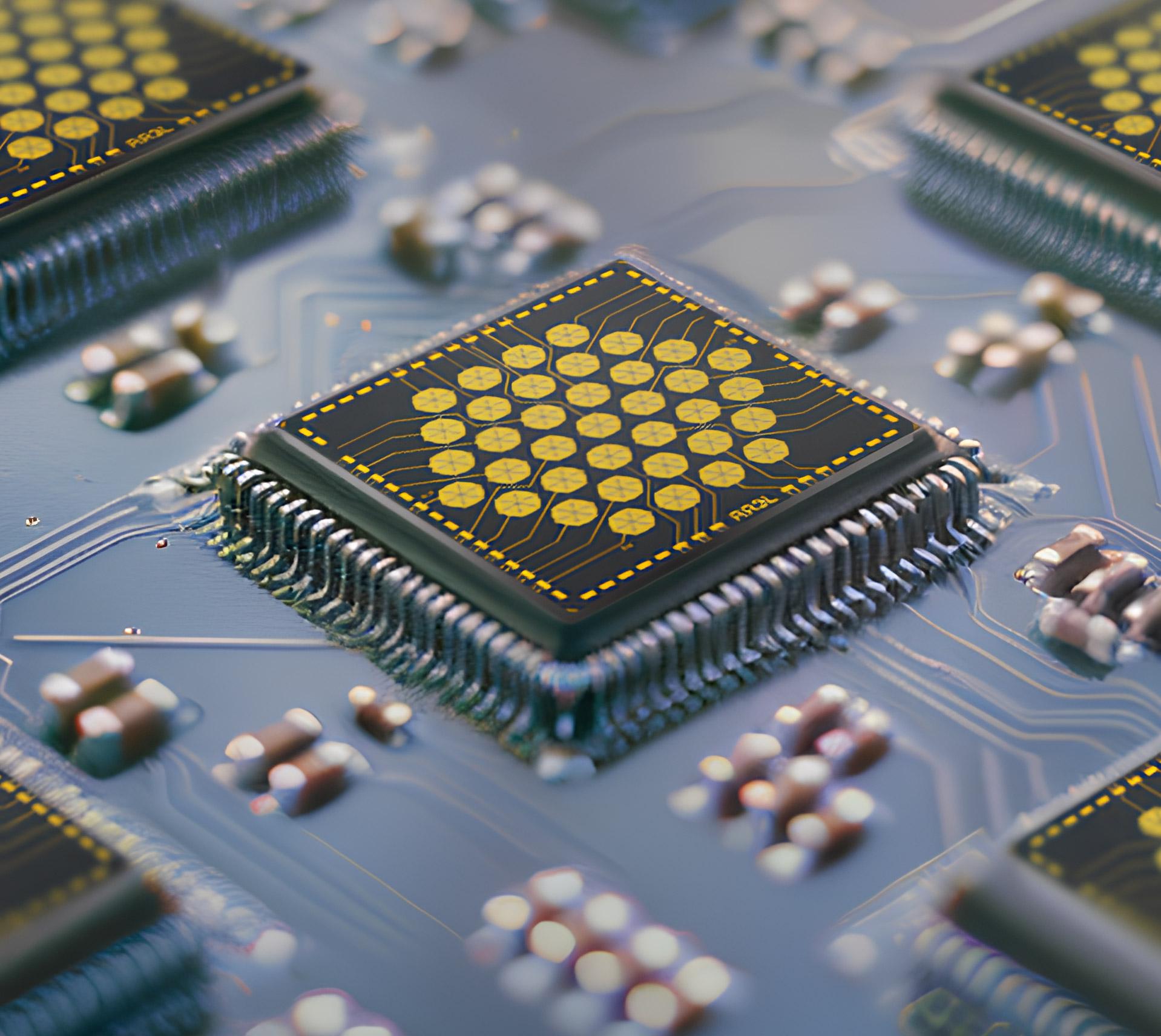 Close-up rendering of an AlScN-pMUT taxel chip with patterned hexagonal actuator cells on a circuit substrate.