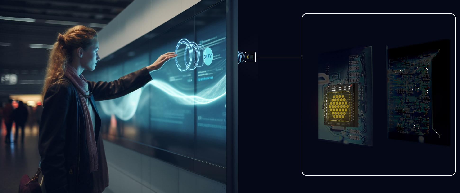 A user reaching toward an interactive display with mid-air ultrasonic feedback, with a callout showing the underlying taxel chip and circuit board.