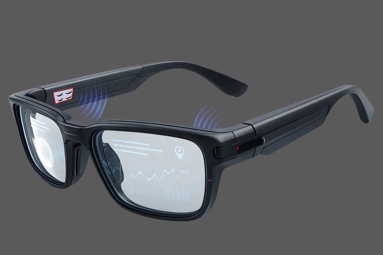 Smart glasses frame with integrated Acciosonic Sonic Pixel chip and ultrasonic wavefronts