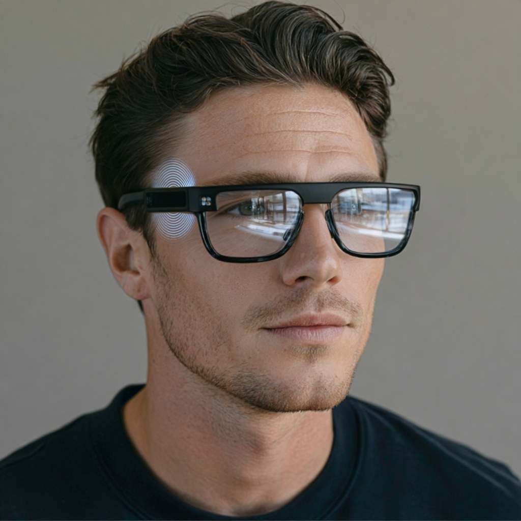 Person wearing Smart Glasses with the Sonic Pixel positioned at the temple